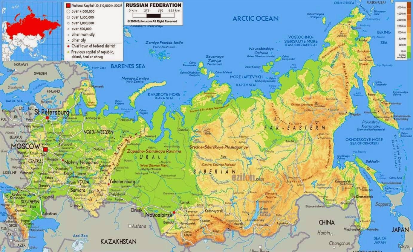 Rusia geografía mapa - ruso mapa geográfico (el este de Europa - Europa)