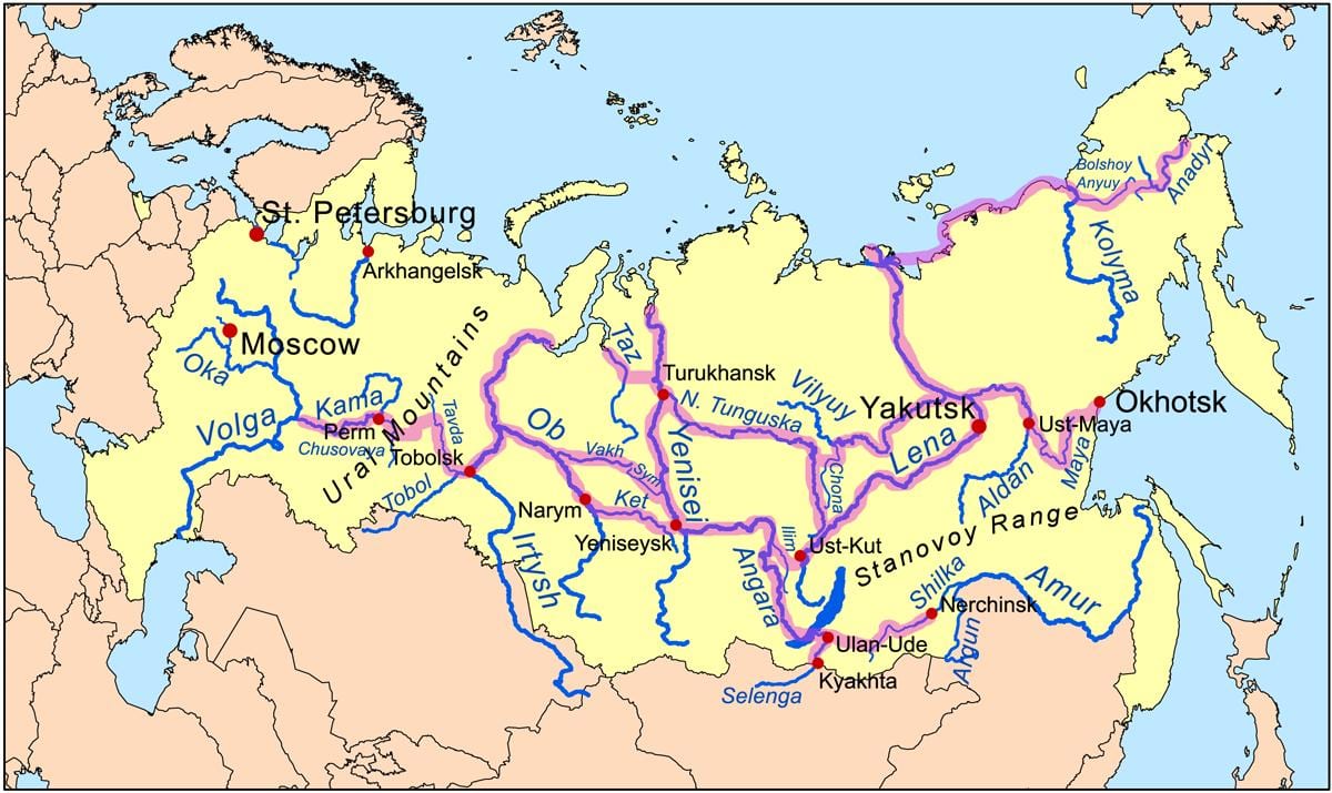 mapa de los ríos en Rusia
