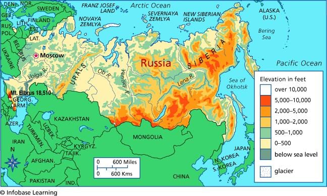mapa de elevación de Rusia